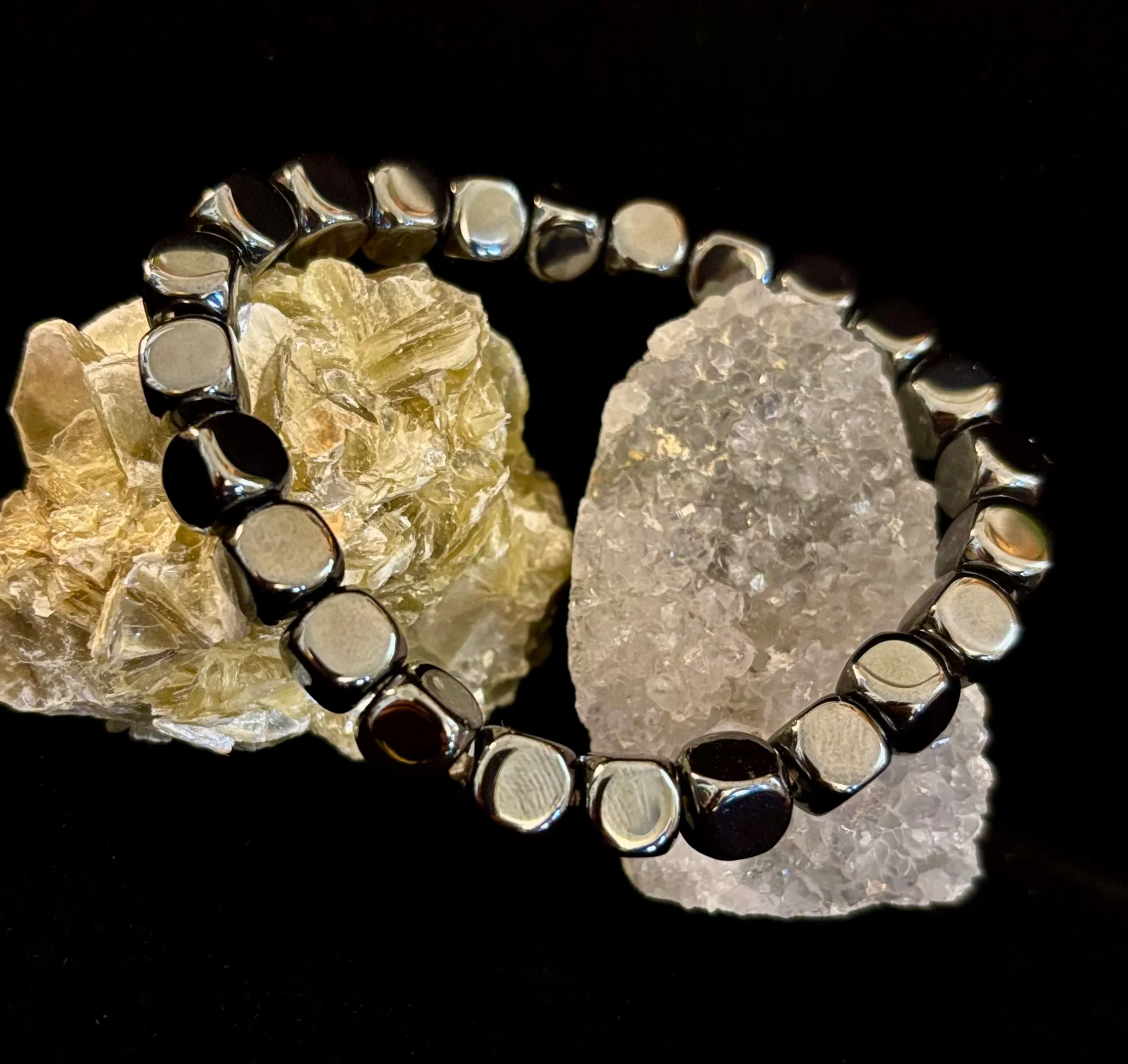 Hematite Cube Beaded Bracelet | Grounding Energy & Balance | Unisex 7.8mm Stretch Fit - Image 3