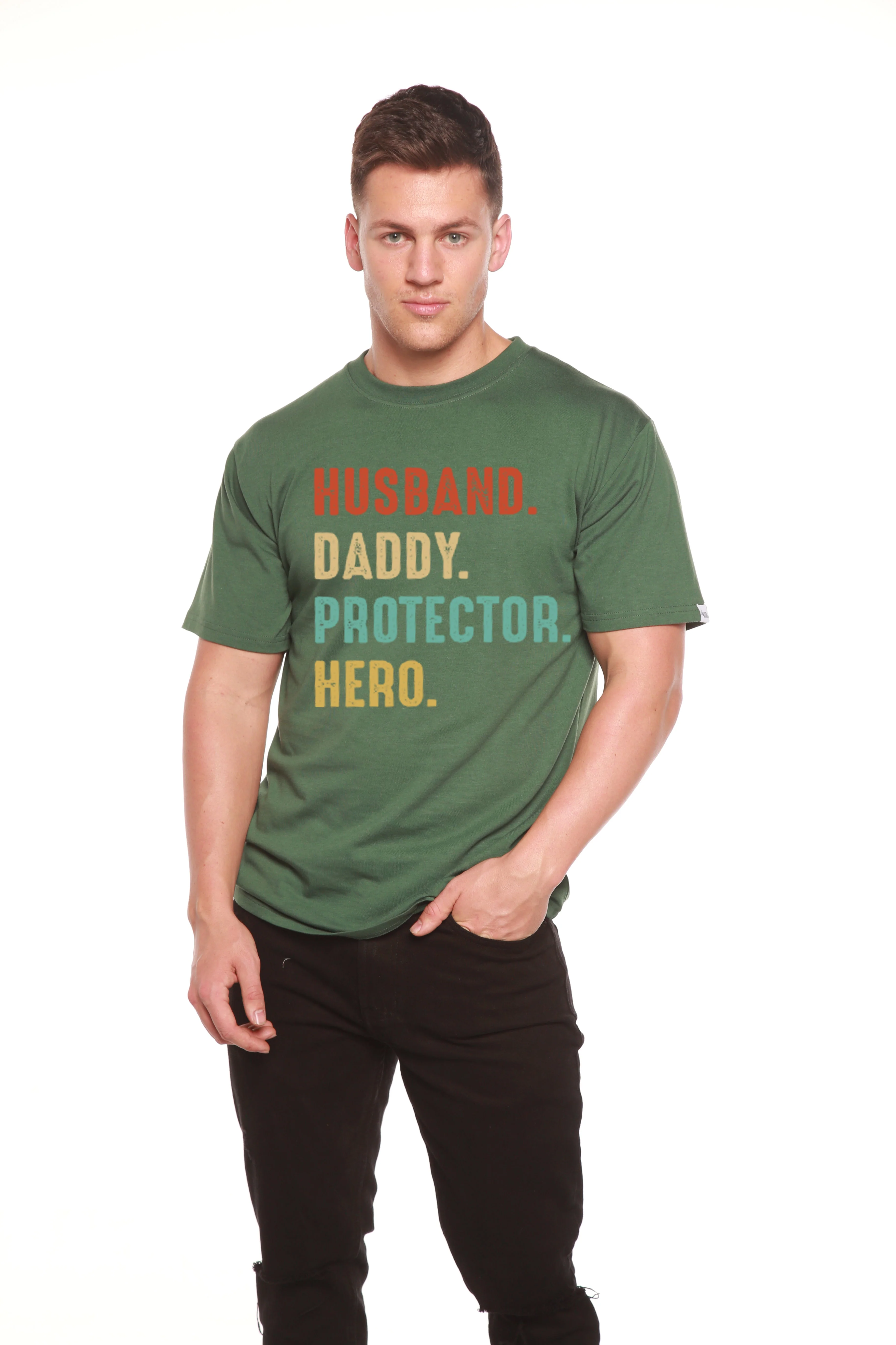 Husband, Daddy, Protector, Hero Men's Bamboo Viscose/Organic Cotton Short Sleeve Graphic T-Shirt - Image 11