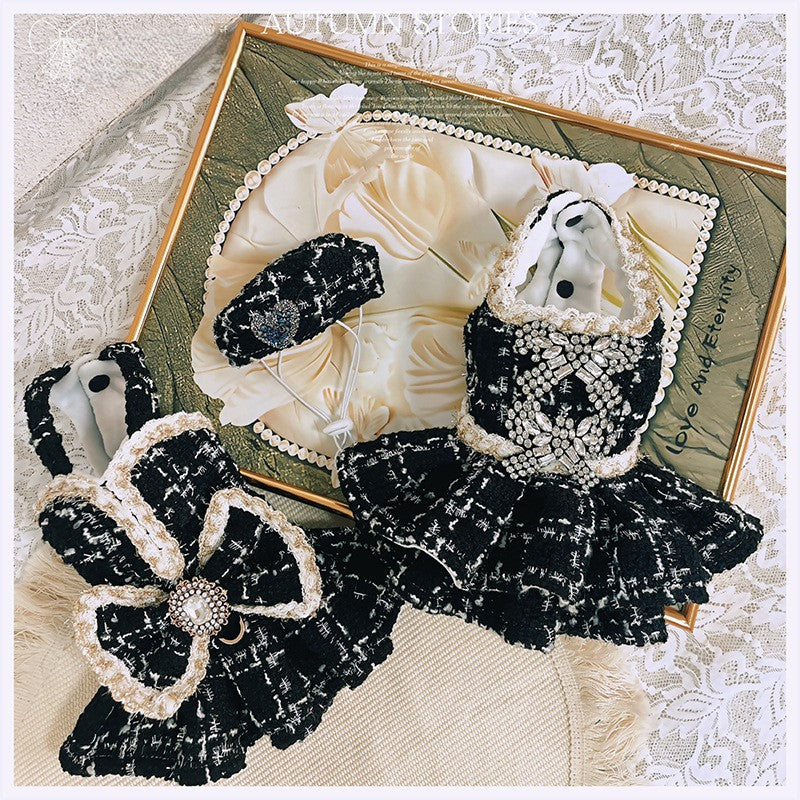Luxury Black Tweed Rhinestone Dog Dress with Hat β Elegant French Couture Style