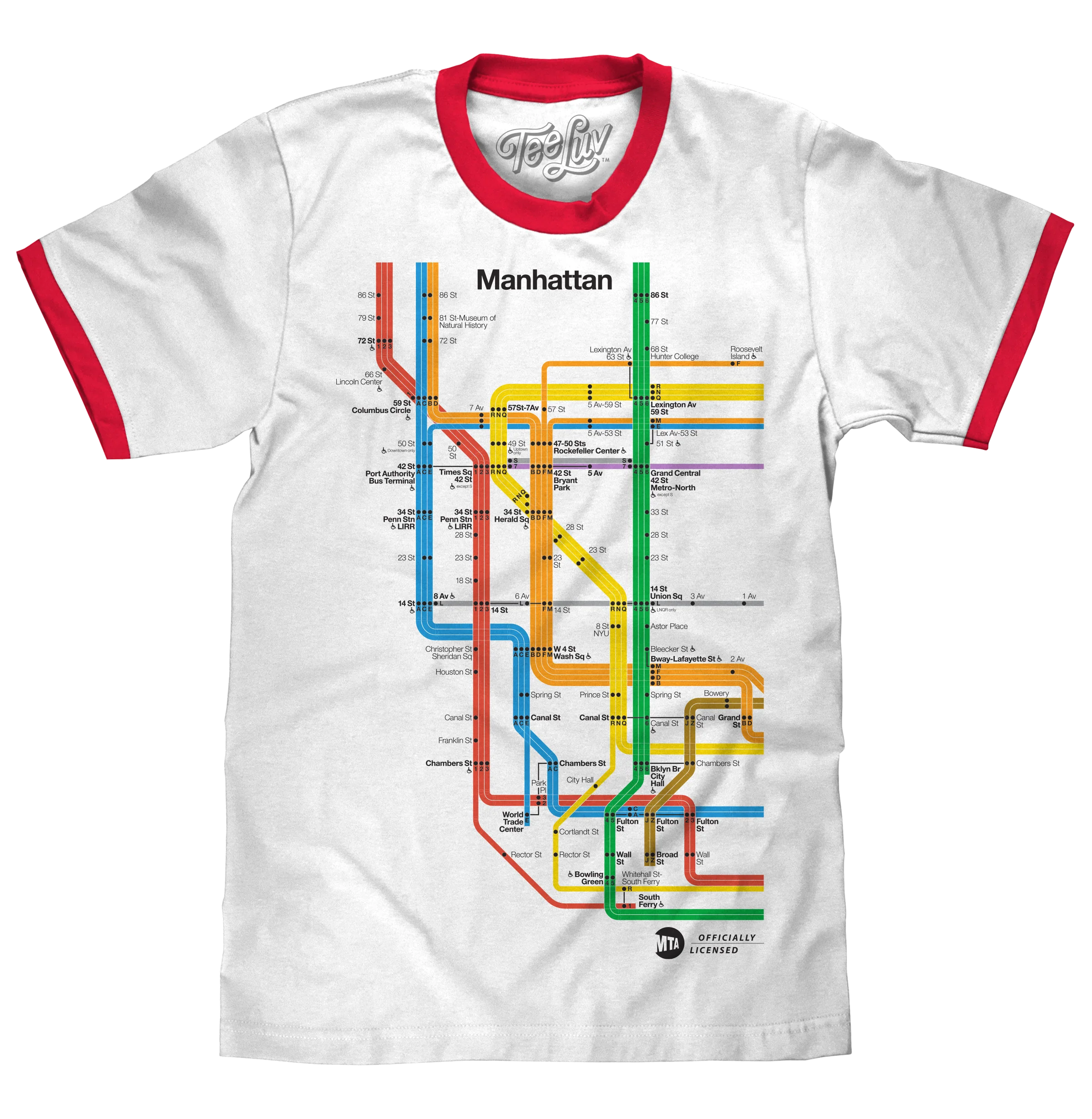Manhattan Metro Map Ringer T-Shirt - White and Red