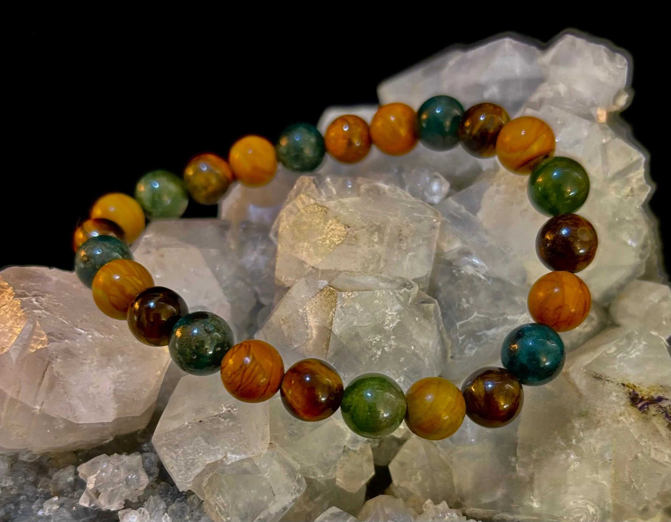 Moss Agate, Yellow Tiger Eye & Wood Jasper Bracelet – 8mm Beads for Large Wrists - Image 14