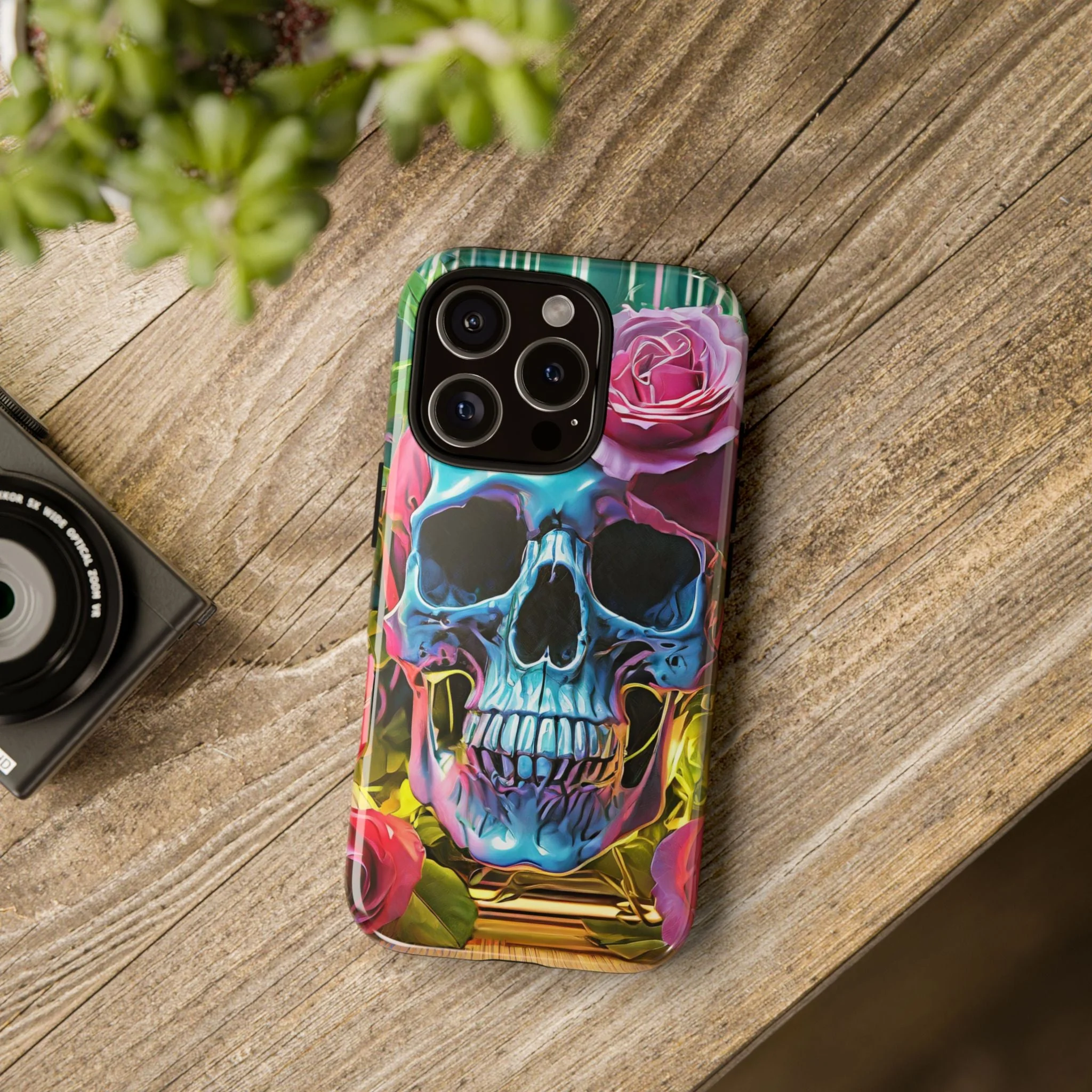 Neon Rose Skull Tough Phone Case - Image 105