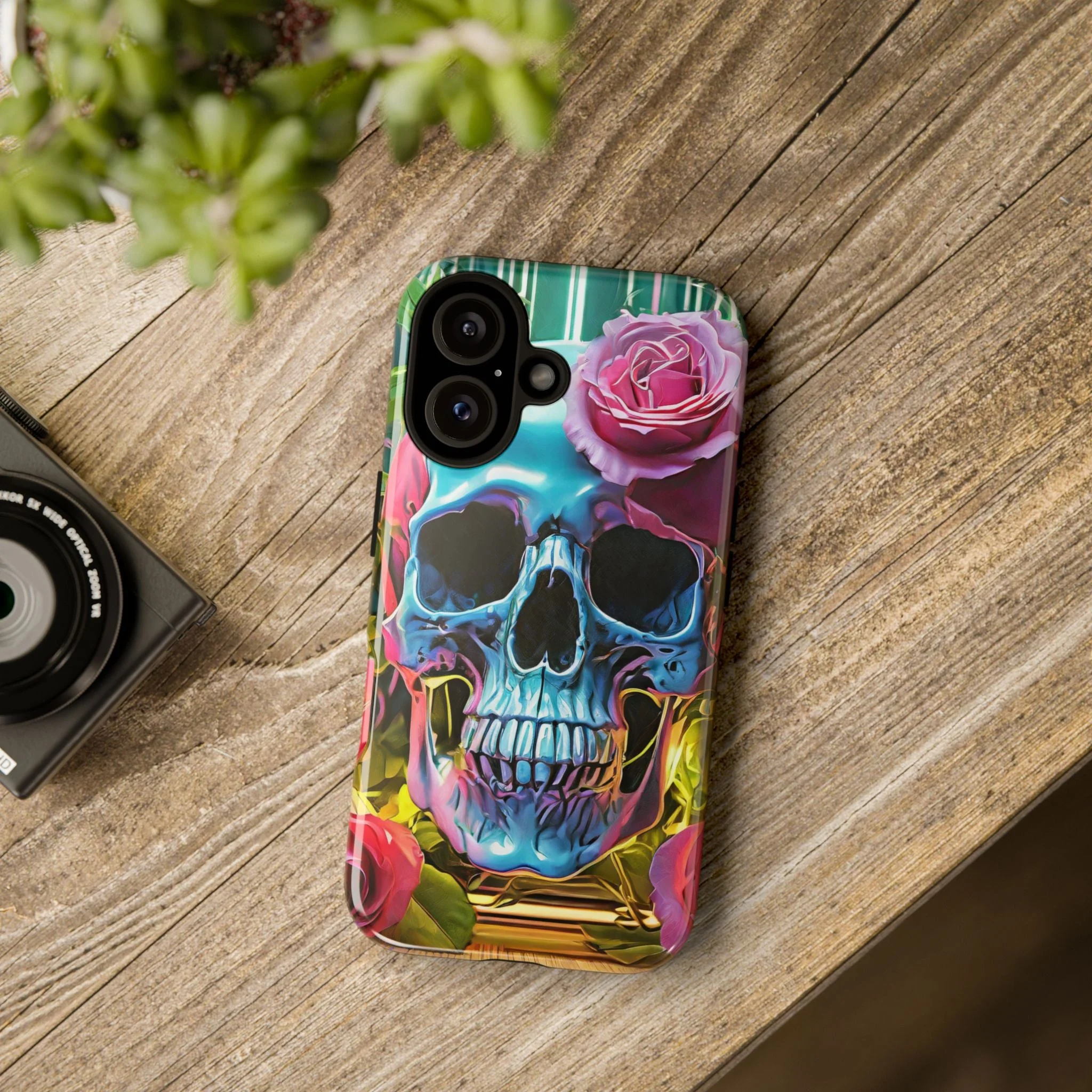 Neon Rose Skull Tough Phone Case - Image 53