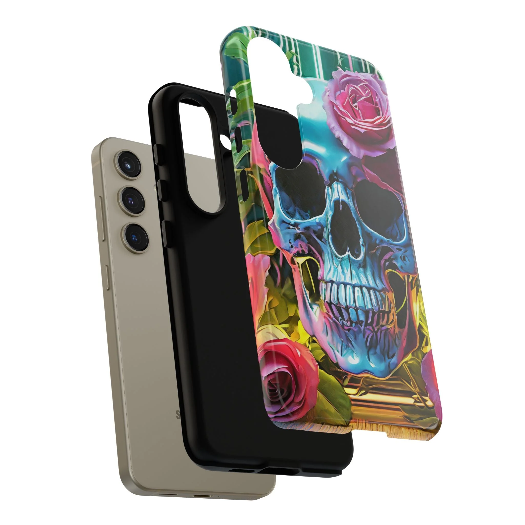 Neon Rose Skull Tough Phone Case - Image 87