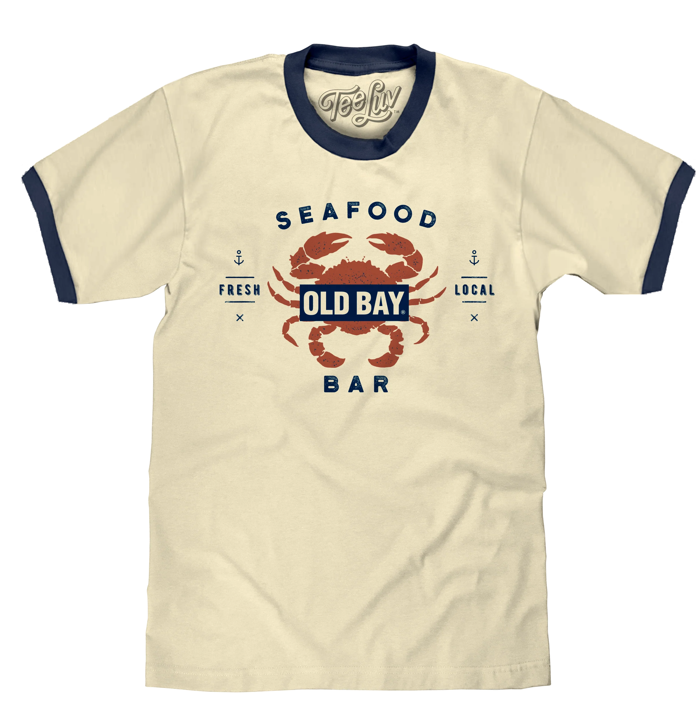 Old Bay Seafood Bar Lobster Logo Ringer T-Shirt - Beige and Navy