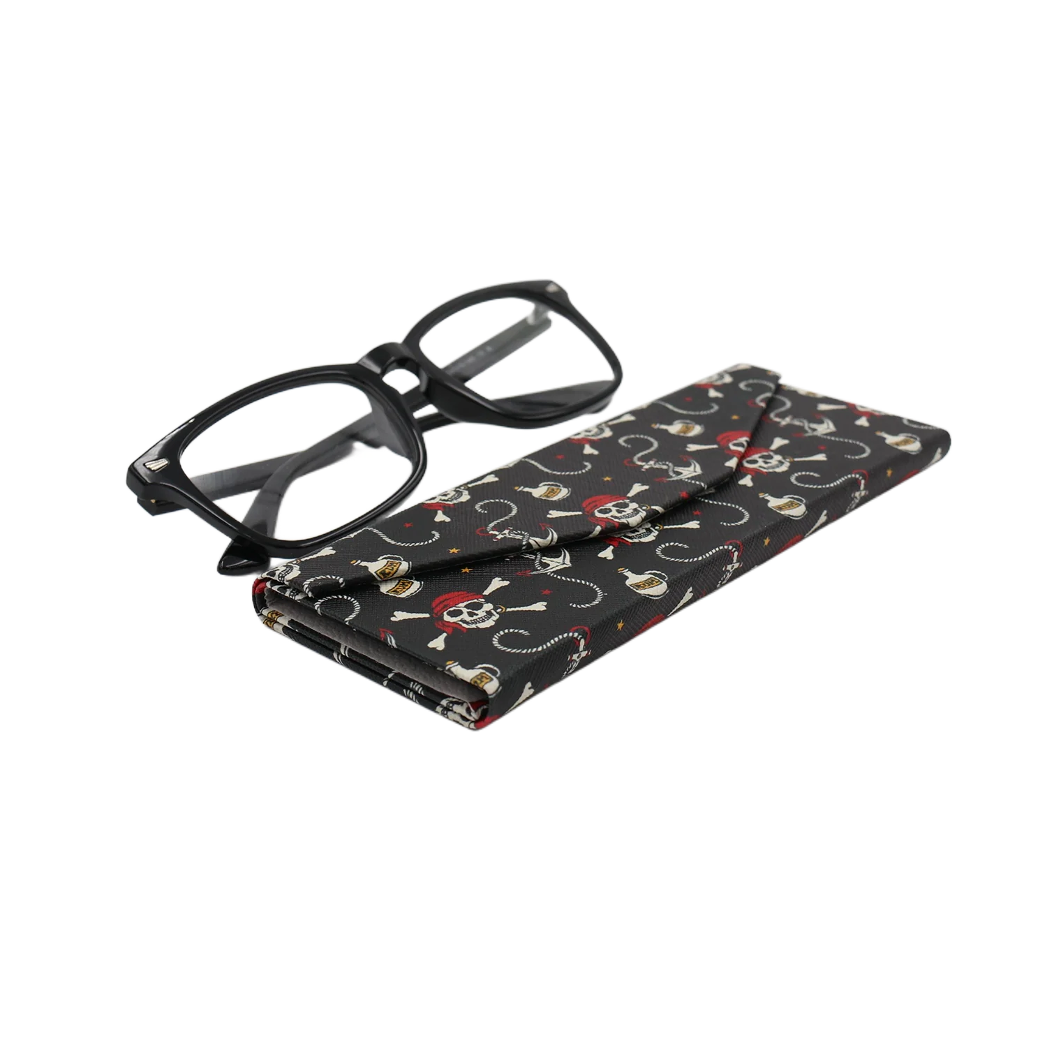 Pirate Skully / Jolly Roger Print Glasses Case - Vegan Leather Magic Folding Hard Case - Image 5