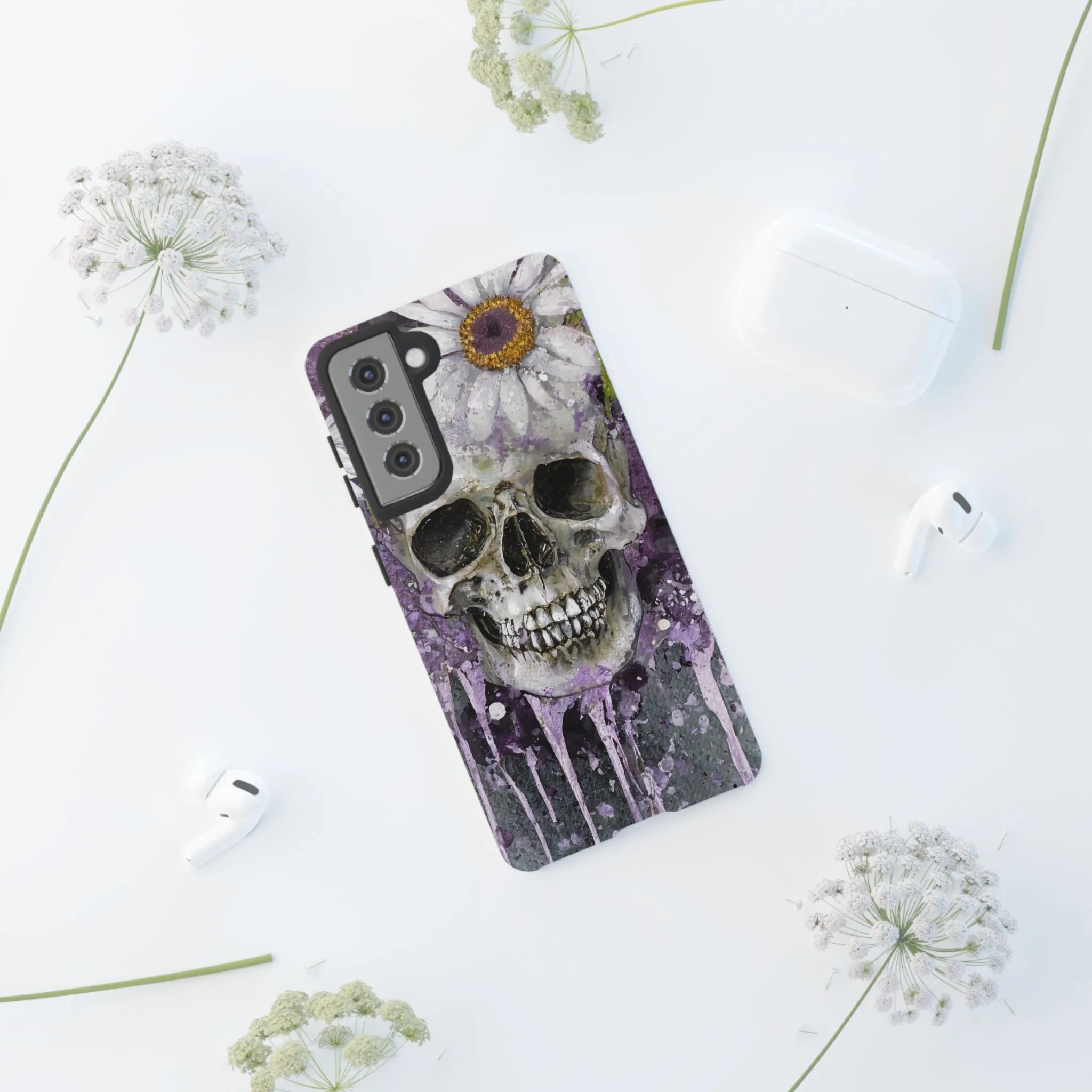 Plum Skull and Daisy Tough Phone Case - Image 55