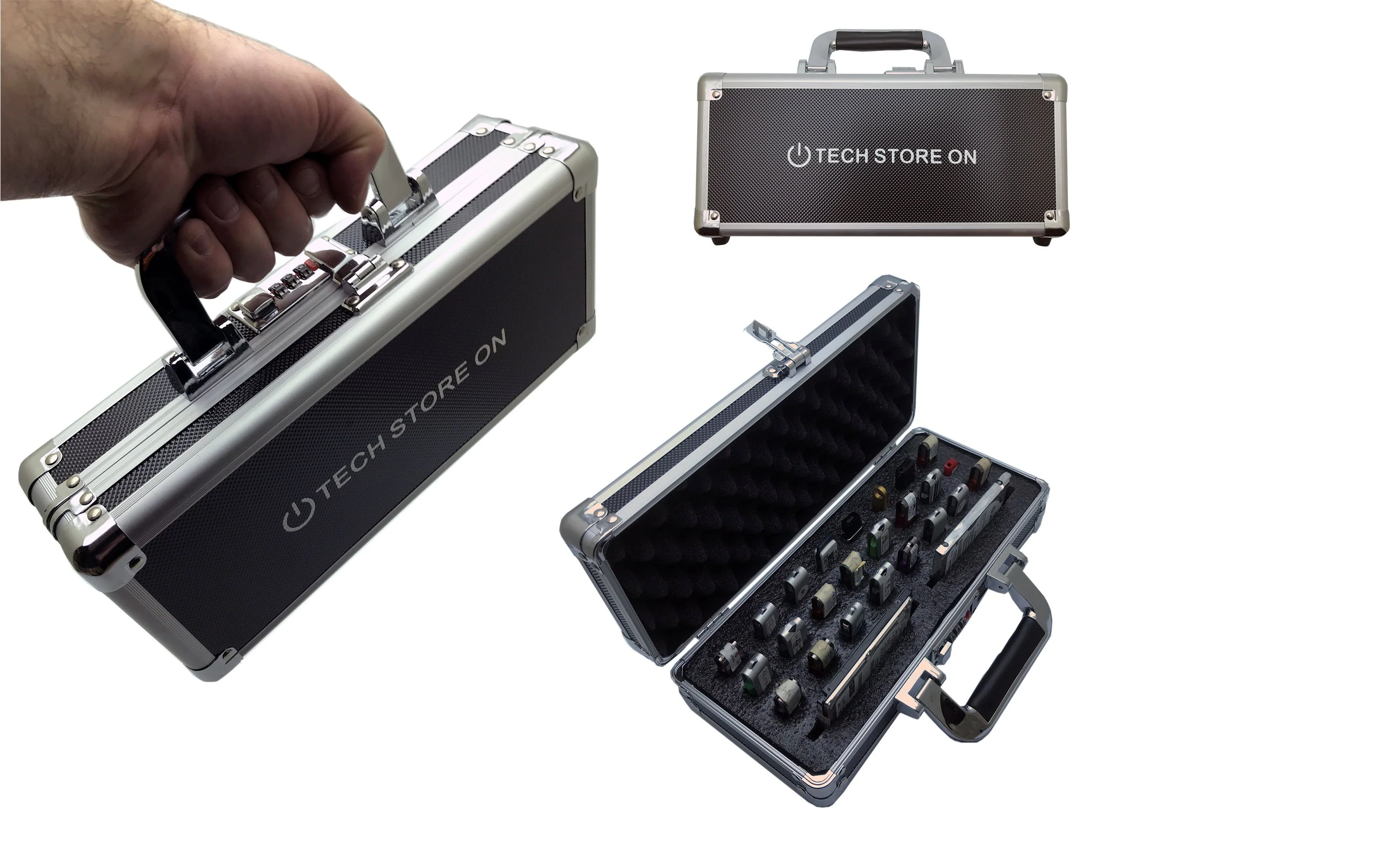 Aluminum USB Drive Organizer Case (24 + 2 Slots with Handle) – Shockproof Antistatic Storage Box with Lock