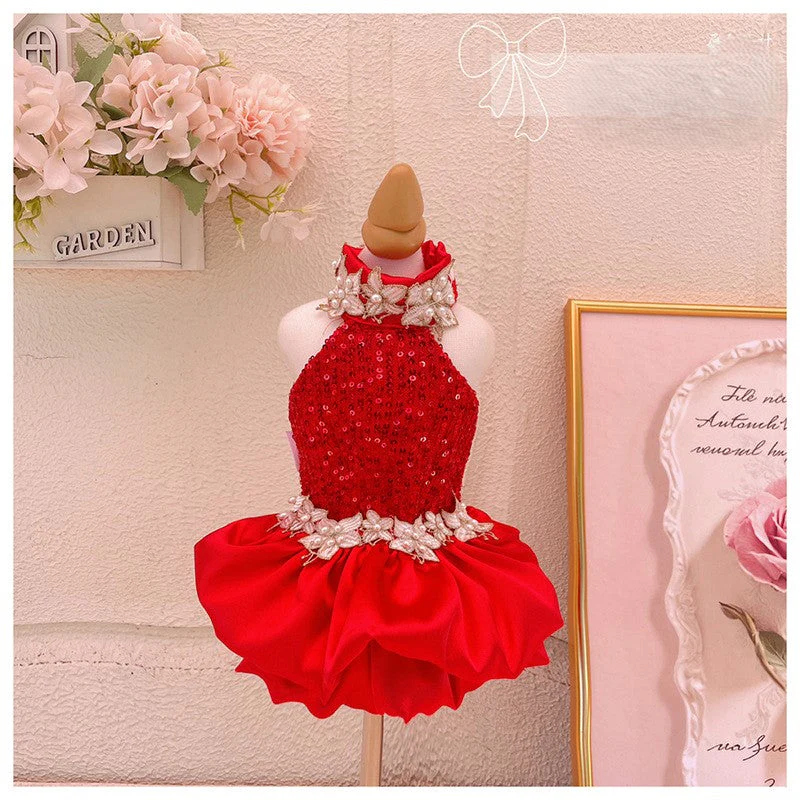 Red Sequin Pearl Dog Dress β Luxury Holiday & Wedding Pet Gown