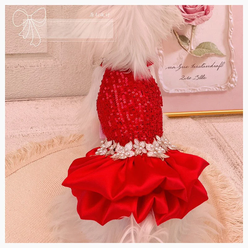 Red Sequin Pearl Dog Dress β Luxury Holiday & Wedding Pet Gown - Image 3