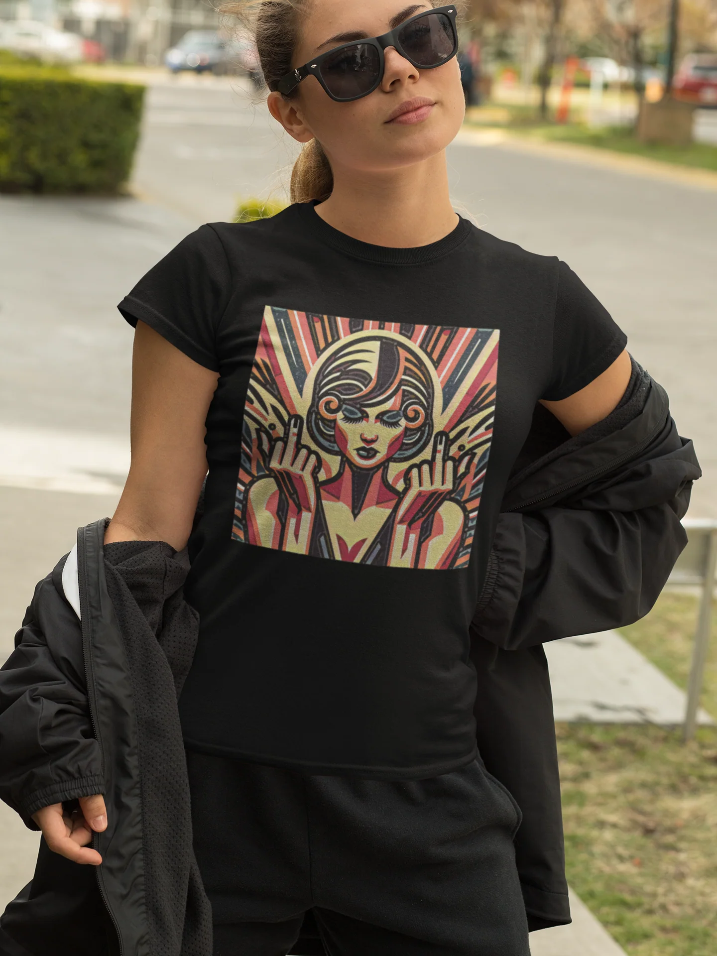 Retro Abstract Middle Fingers Slim Fit Graphic Tee - Image 2