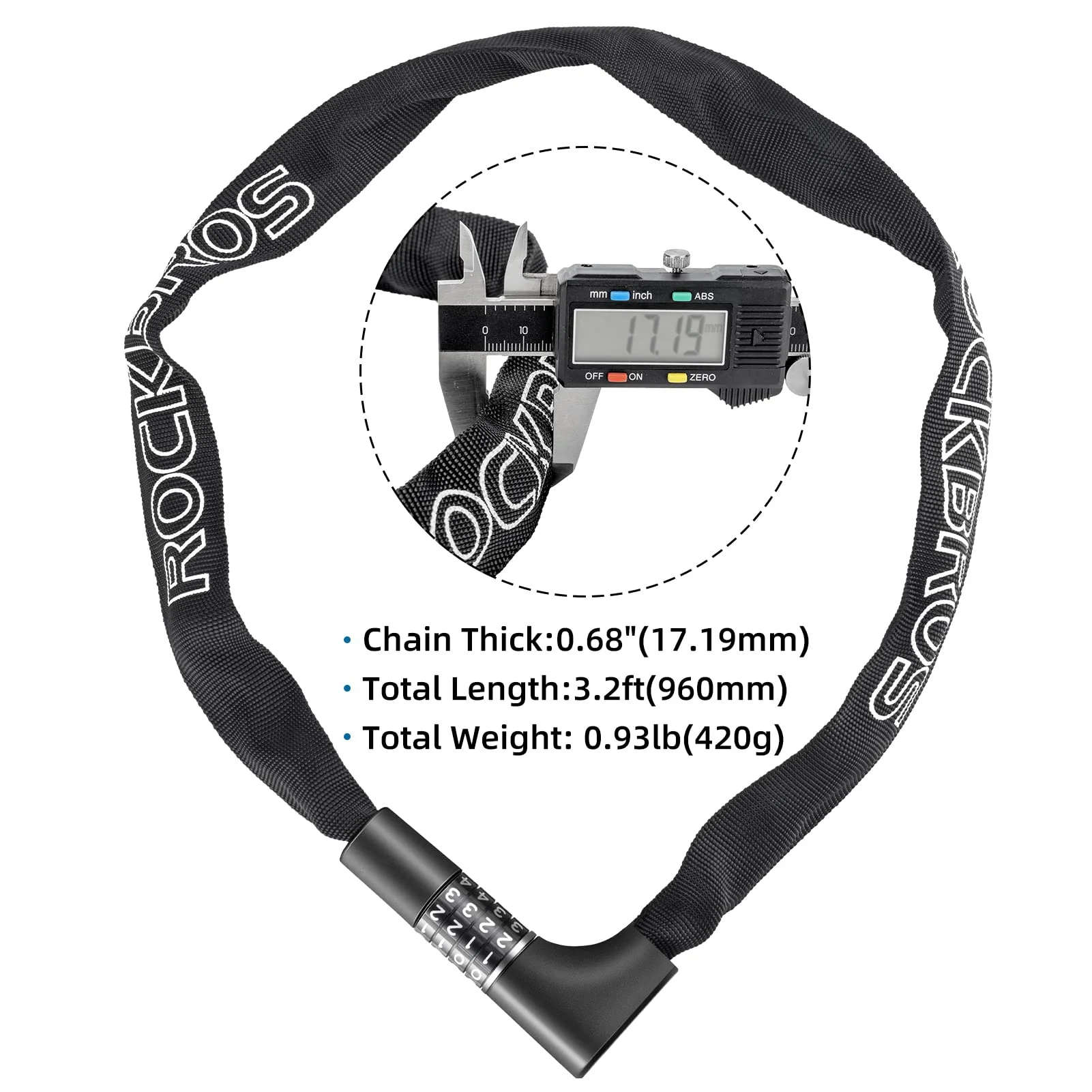 ROCKBROS 3.2FT Heavy Duty Bike Chain Lock Anti-Theft Security Lock Resettable Combination 2 Keys - Image 4