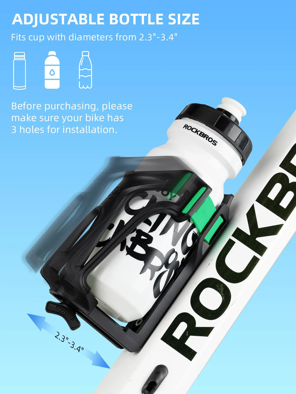 ROCKBROS Adjustable Water Bottle Holder for 2.3-3" Bottles, Bike & Motorcycle Mount - Image 2