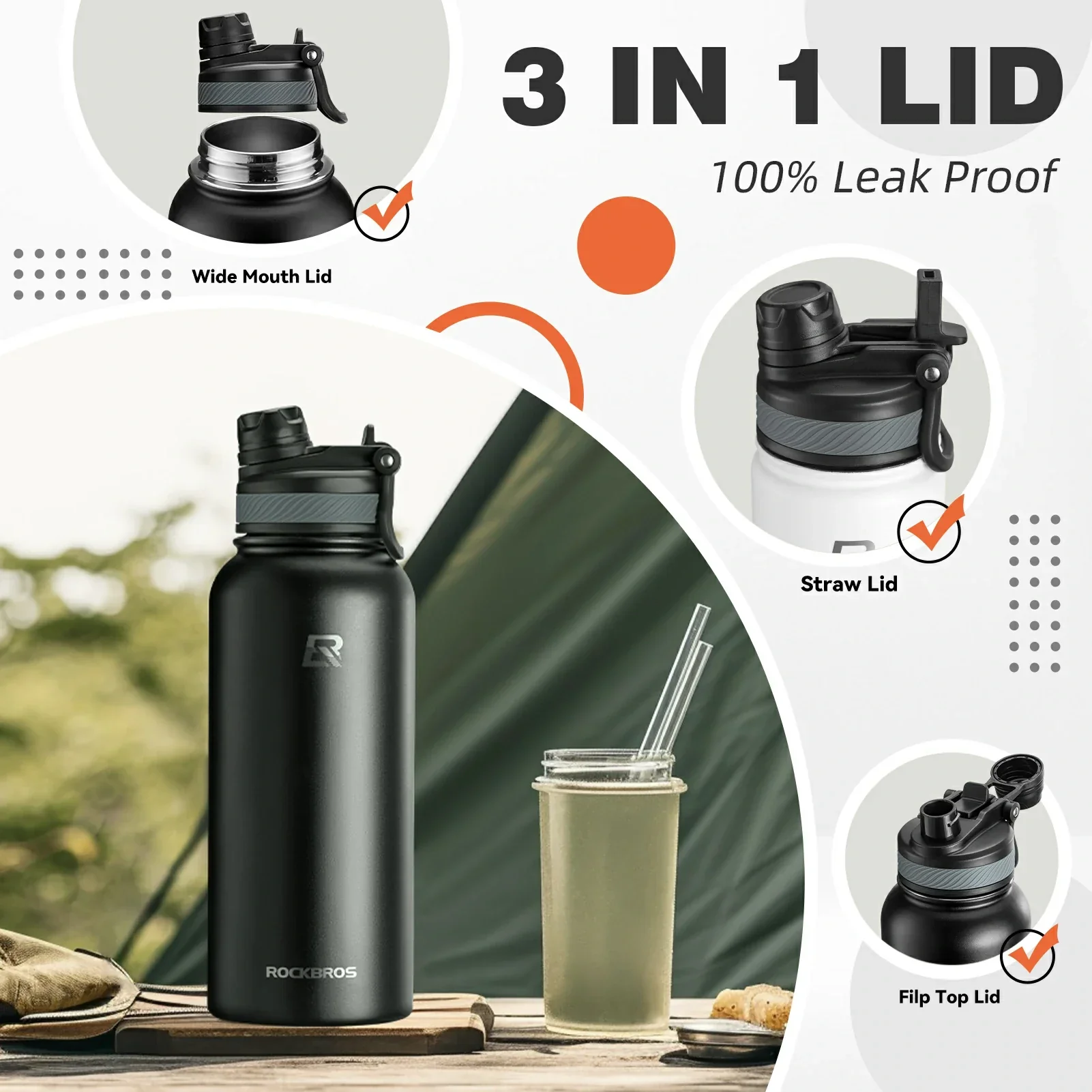 ROCKBROS Stainless Steel Insulated Water Bottle with Straw - Image 14