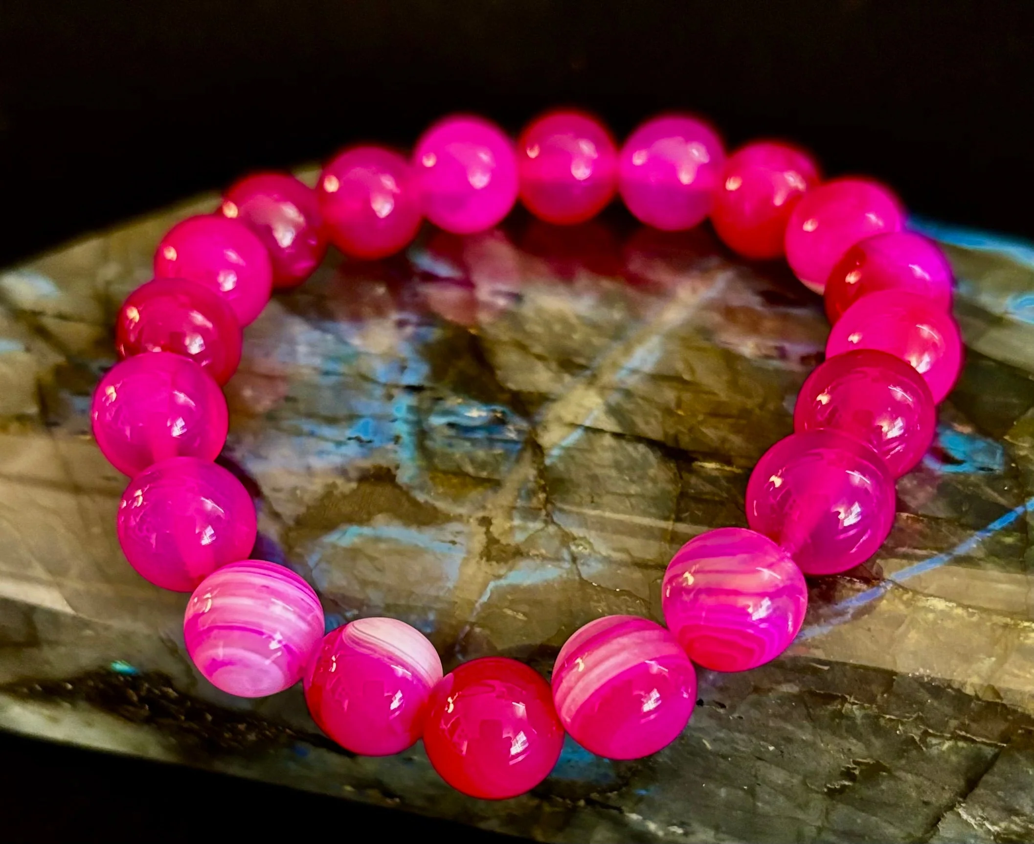 Rose Red Striped Agate Beaded Bracelet β 10mm Natural Stone for Large Wrists - Image 10