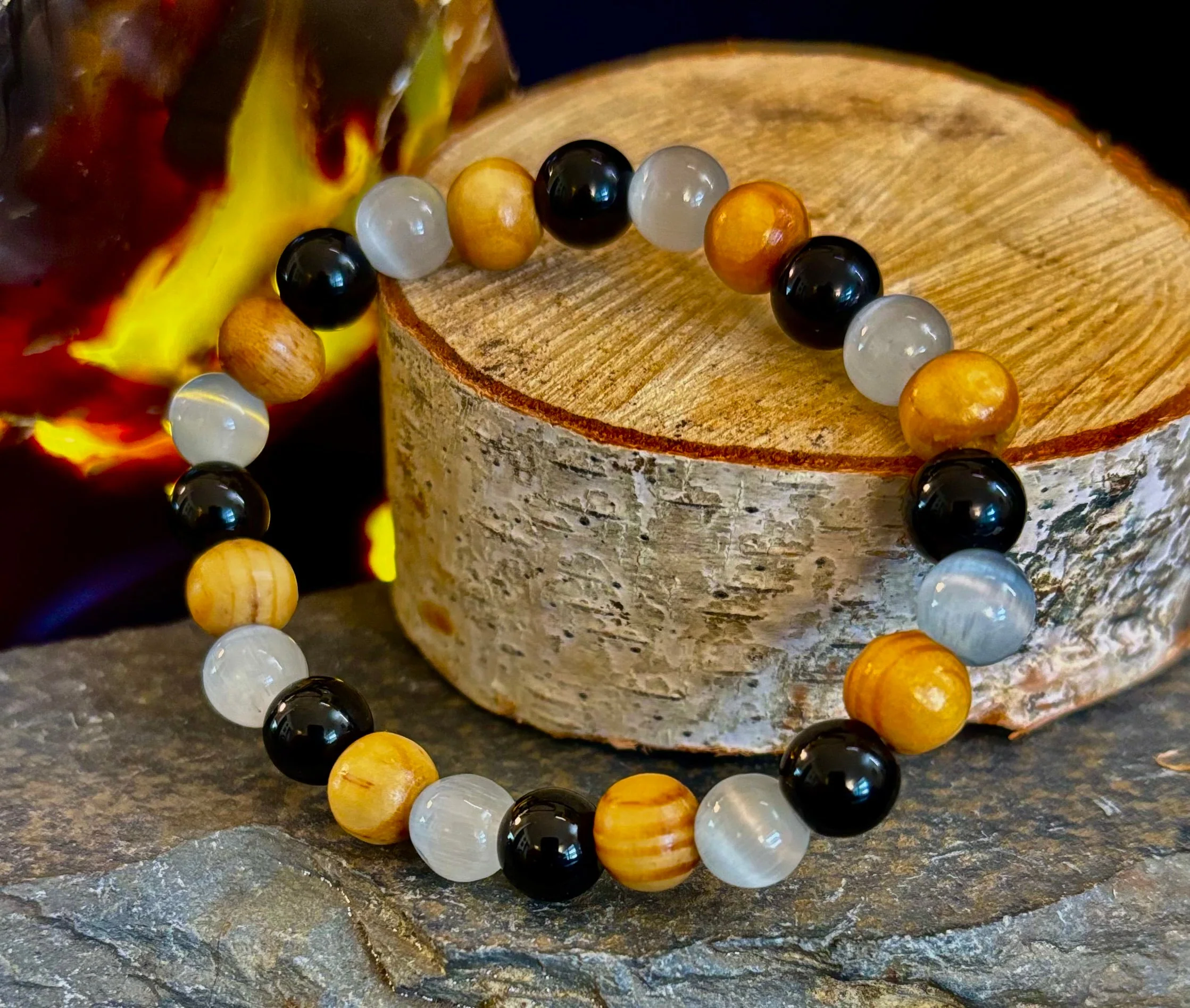 Selenite, Black Tourmaline & Palo Santo Bracelet β Protection & Cleansing for Small Wrists