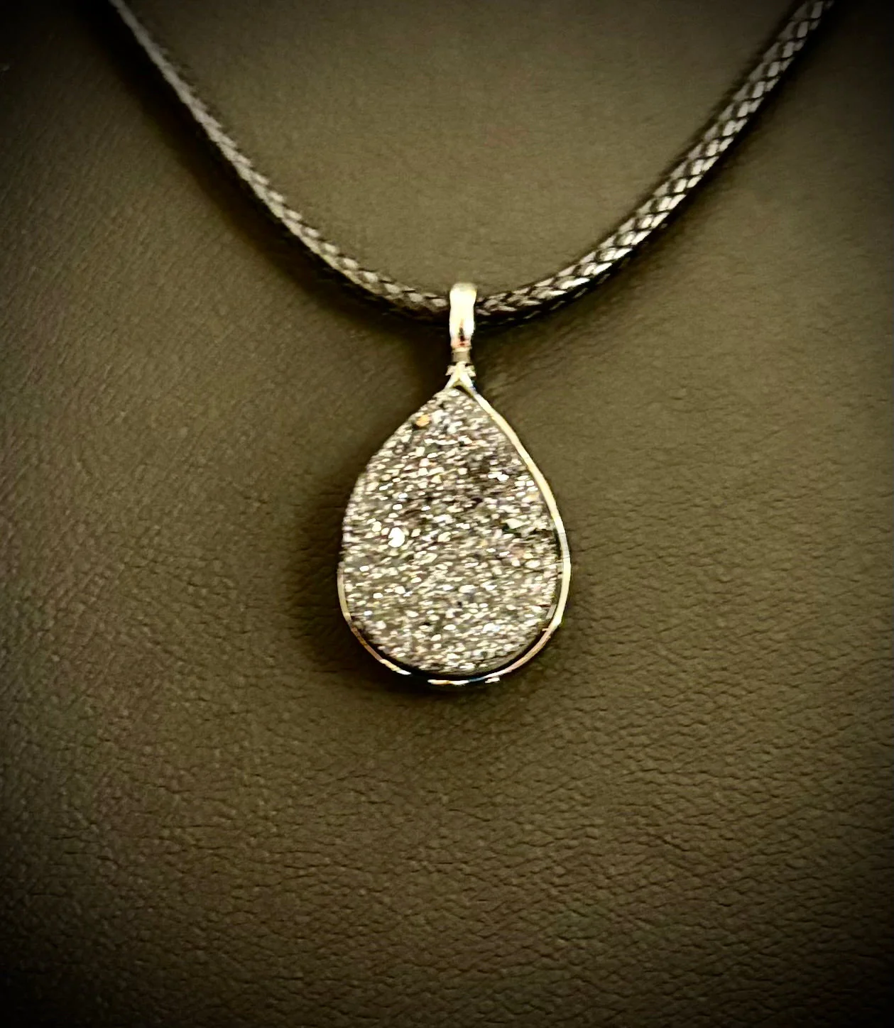 Silver Druzy Teardrop Pendant Necklace | Petite 18mm Pear-Shape Charm on 23” Cord - Image 12