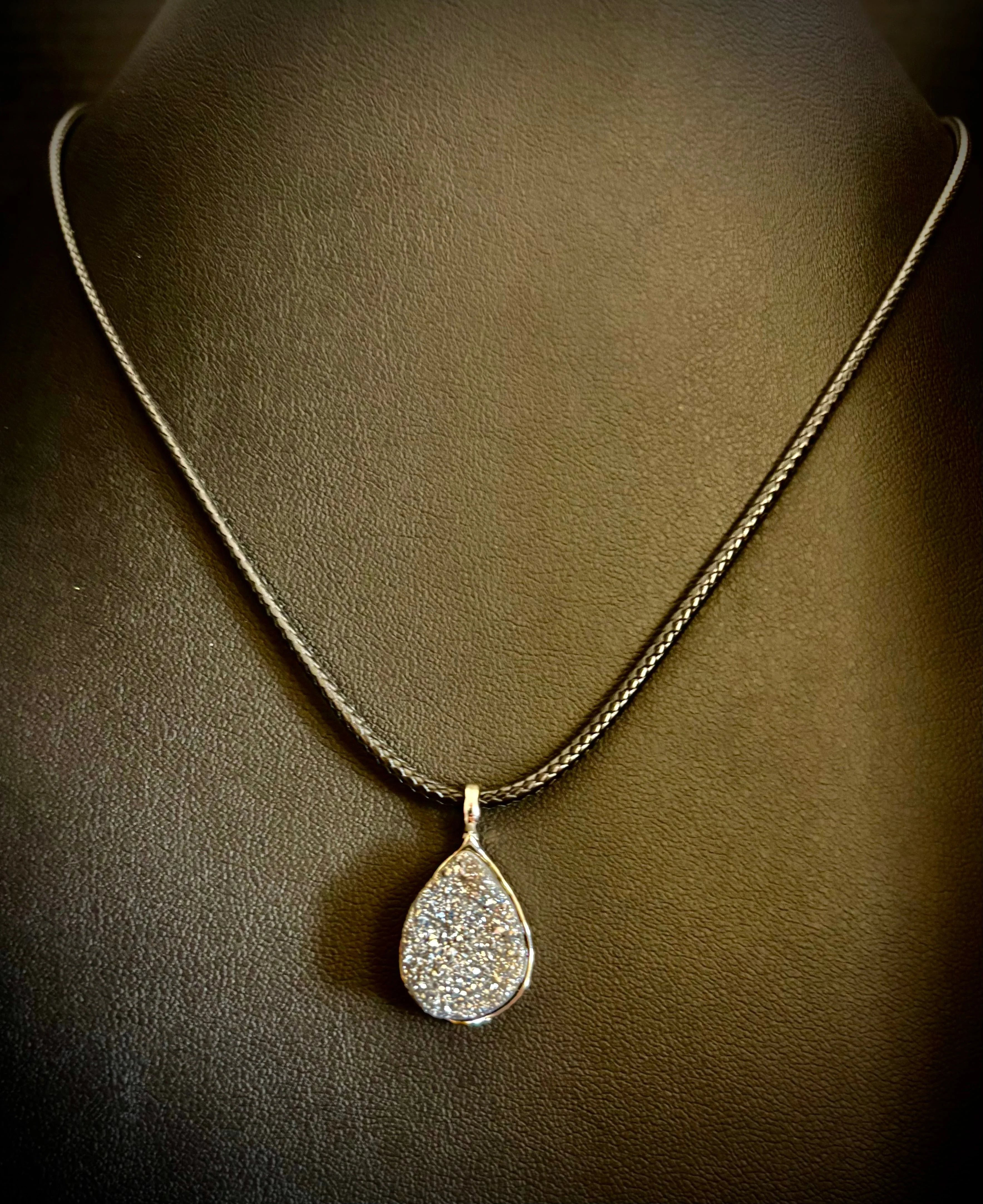 Silver Druzy Teardrop Pendant Necklace | Petite 18mm Pear-Shape Charm on 23” Cord - Image 13