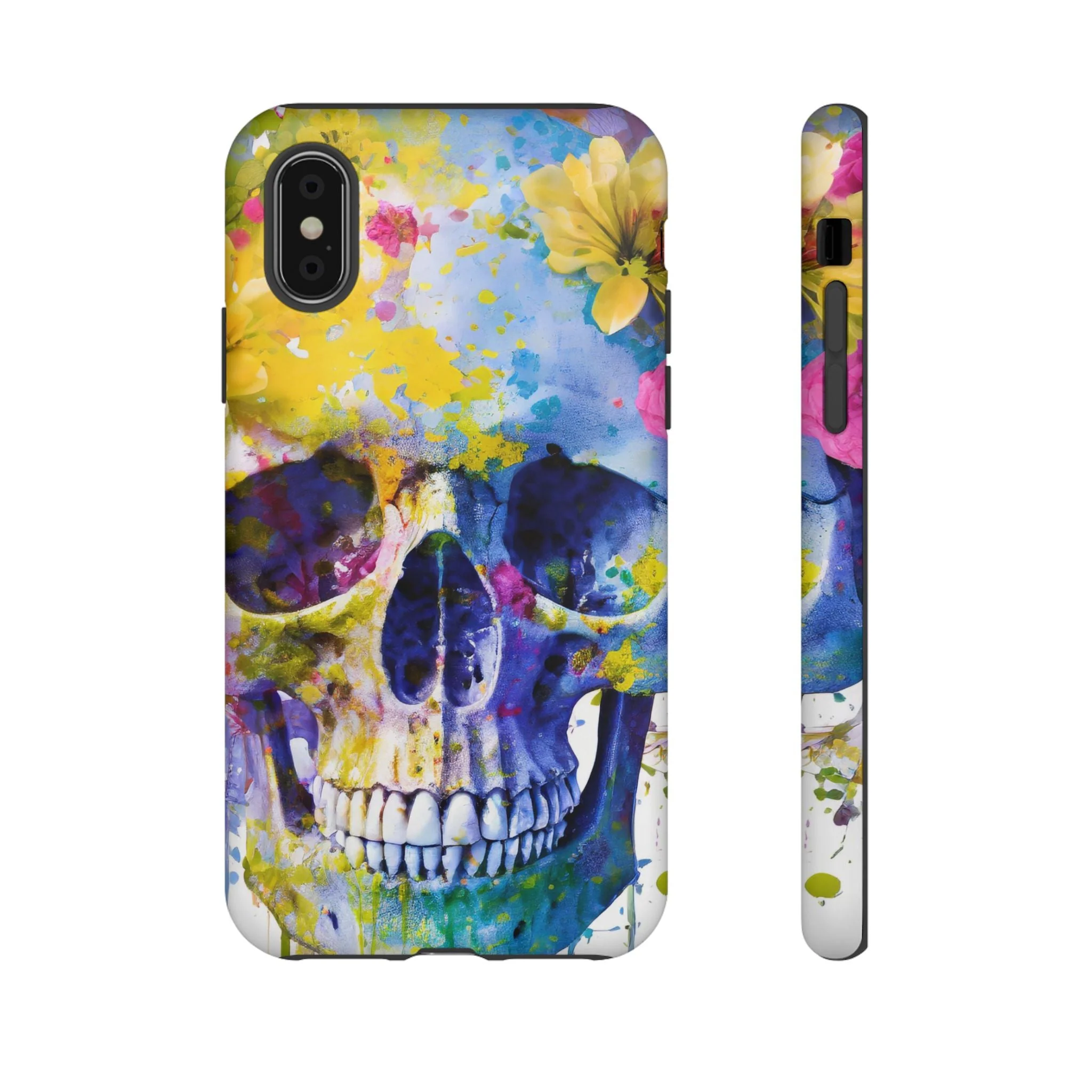 Vibrant Blue Floral Skull Tough Phone Case - Image 4